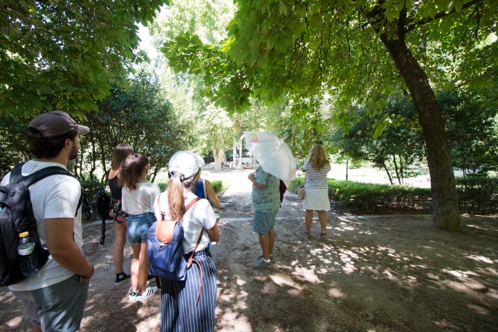 a group of people standing next to a tree