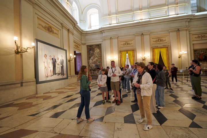 a group of people standing in a room