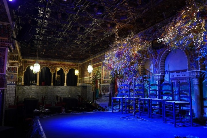 a building lit up at night