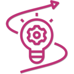 Pink lightbulb outline with gear inside, curved arrow around.
