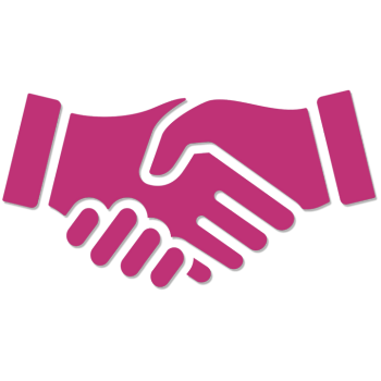 Pink icon of two hands shaking in agreement.